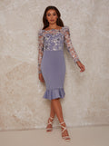 Chi Chi London Women's Blue Peplum Embroidered Lace Bodycon Midi Dress 6576ABL FE635