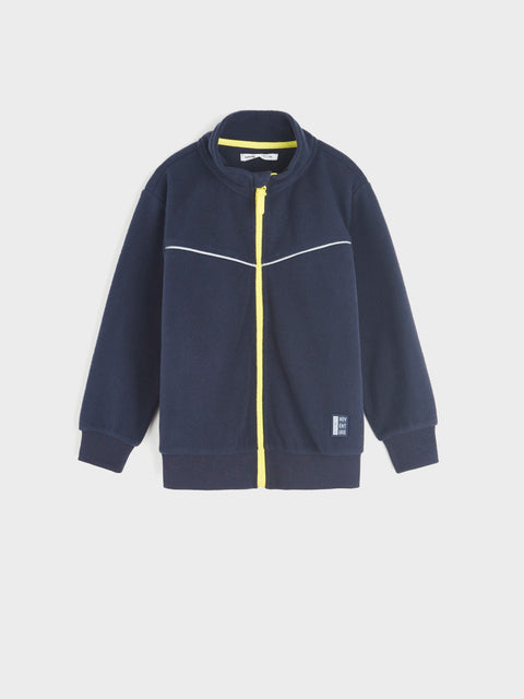 Navy blue jacket with a yellow zipper on a light gray background