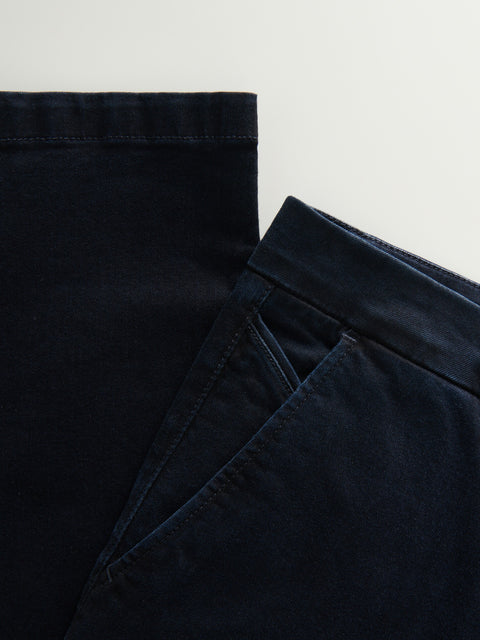 Close-up of dark blue pants on a light background