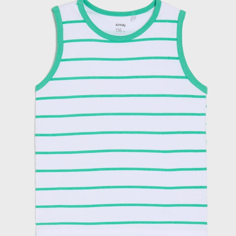 A sleeveless white tank top with horizontal green stripes and green trim on the collar and armholes, shown flat against a light gray background.