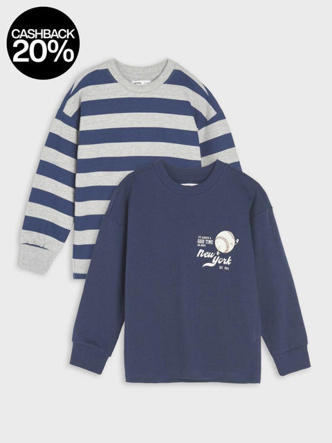 Two children's sweatshirts, one striped and one with a graphic design, on a white background.