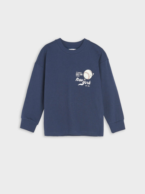 Navy blue sweatshirt with a white graphic on a light gray background