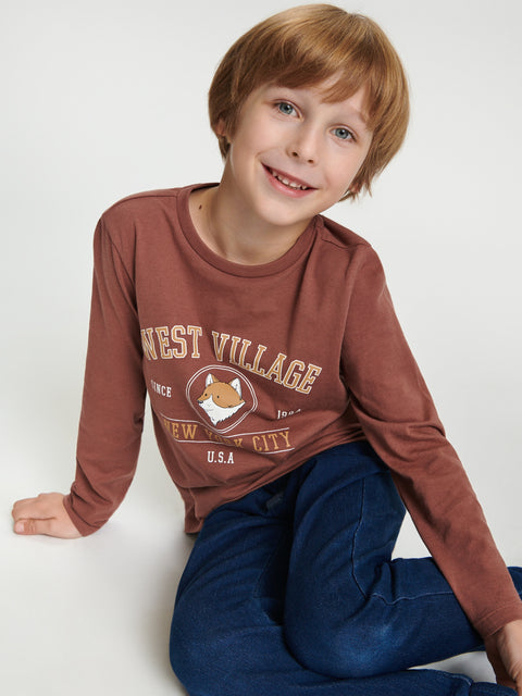Sinsay Boy's Brown Long Sleeve With Decorative Print Cotton Blouse | Sinsay In Lebanon