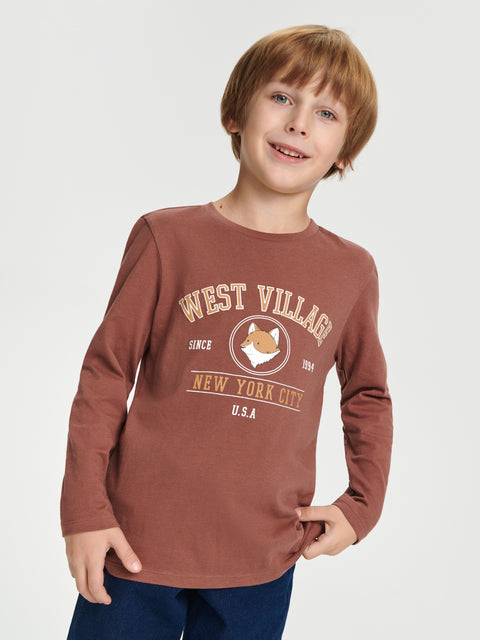 Sinsay Boy's Brown Long Sleeve With Decorative Print Cotton Blouse | Sinsay In Lebanon