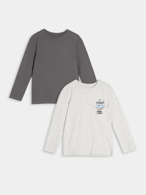 Two long-sleeve shirts, one gray and one white with a design, on a light gray background.