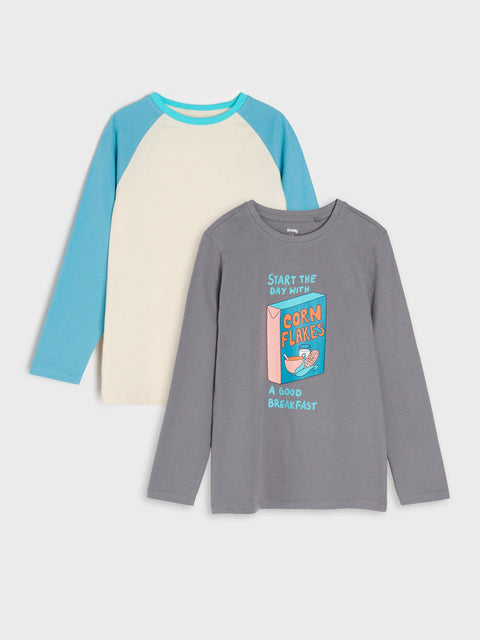 Two long-sleeve shirts, one blue and white, one gray with a graphic design, on a light gray background.