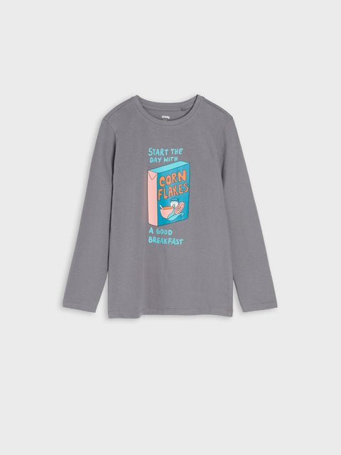 Gray long-sleeve shirt with a colorful graphic on a white background
