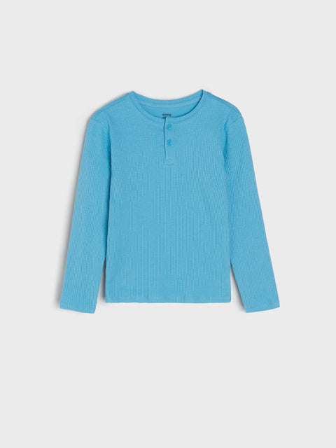 Blue long-sleeve shirt on a light gray background