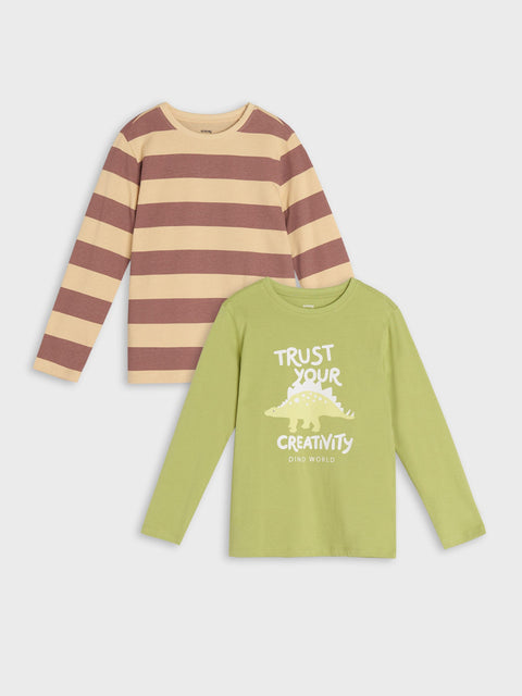 Two long-sleeve shirts, one striped and one with a dinosaur graphic and text, on a white background.
