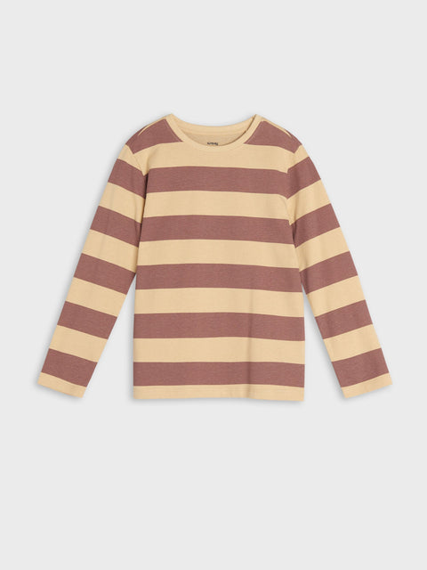 Striped long-sleeve shirt with brown and beige stripes on a light gray background