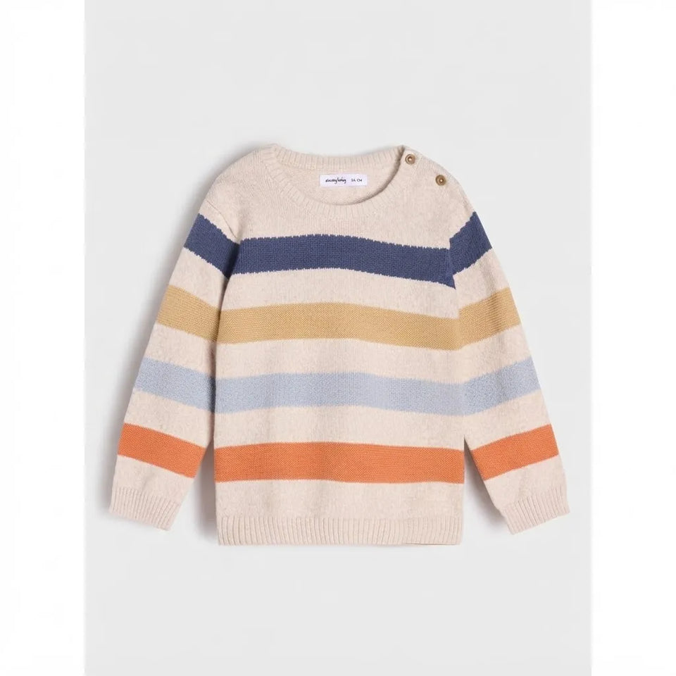 A children's knit sweater with horizontal stripes in cream, navy, tan, light blue, orange, and off-white, displayed flat against a light gray background.