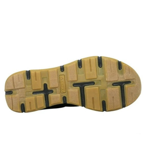 Close-up of a shoe sole with a brand logo on a white background