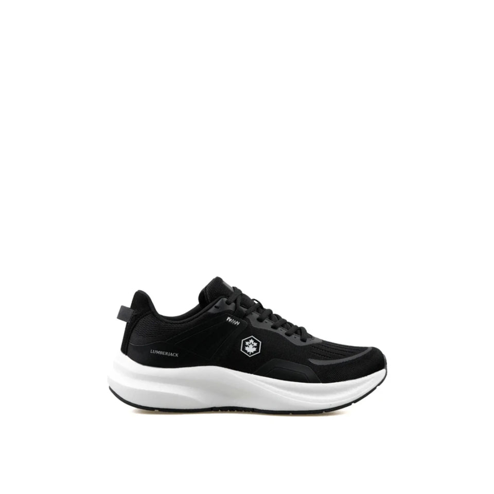 A black and white running shoe shown from the side against a plain white background. The shoe features a black upper with mesh and synthetic overlays, black laces, a black heel pull tab, and a thick white midsole with a black outsole.