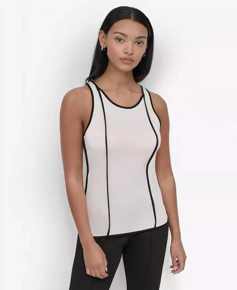 Dkny Women's Ivory & Black Petite Contrast Trim Tank Top Sleeveless Blouse | Dkny In Lebanon