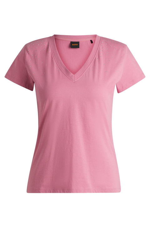 Boss Women's Pink V-Neck Cotton Embellishments T-Shirt | Boss In Lebanon