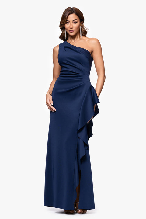 Xscape Women's Navy Long Techno Scuba One Shoulder Ruffle Dress |  Xscape in Lebanon