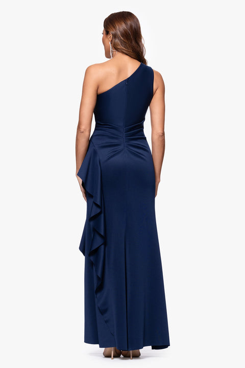 Xscape Women's Navy Long Techno Scuba One Shoulder Ruffle Dress |  Xscape in Lebanon