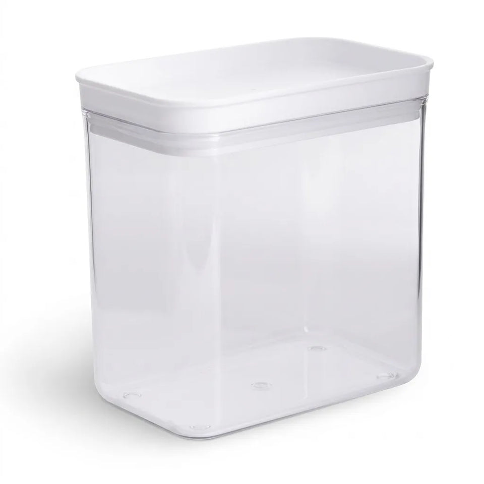 A clear plastic storage container with a white lid, shown on a clean white background.