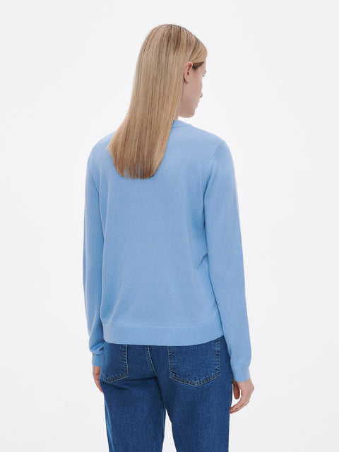 Woman wearing a light blue sweater and blue jeans on a white background