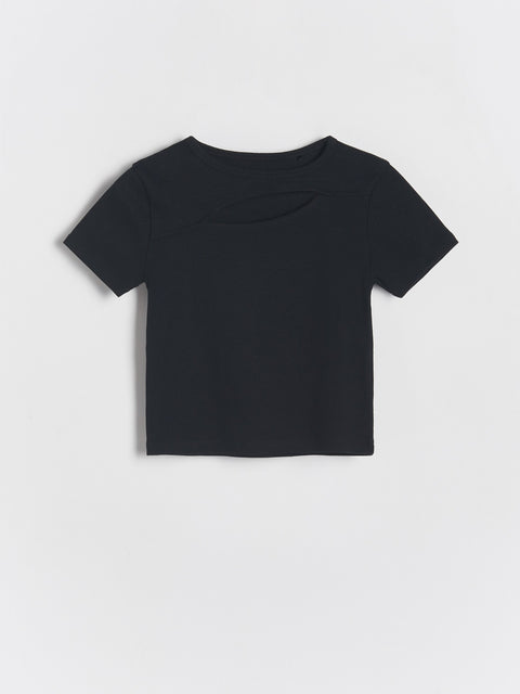 Black t-shirt on a light gray background