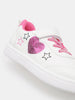 White sneaker with pink heart and star designs on a white background