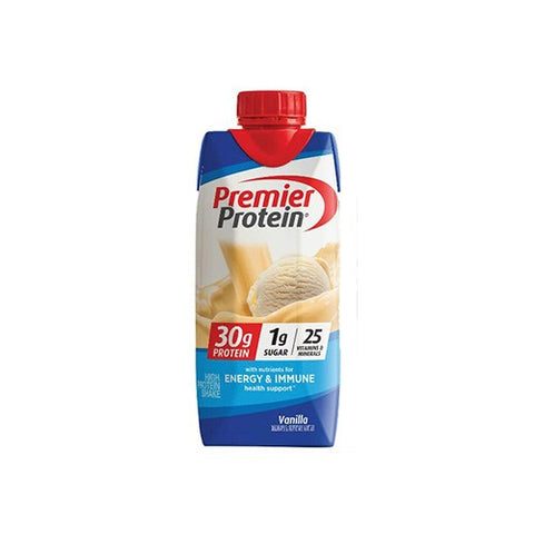 Premier Protein vanilla protein shake container on a white background