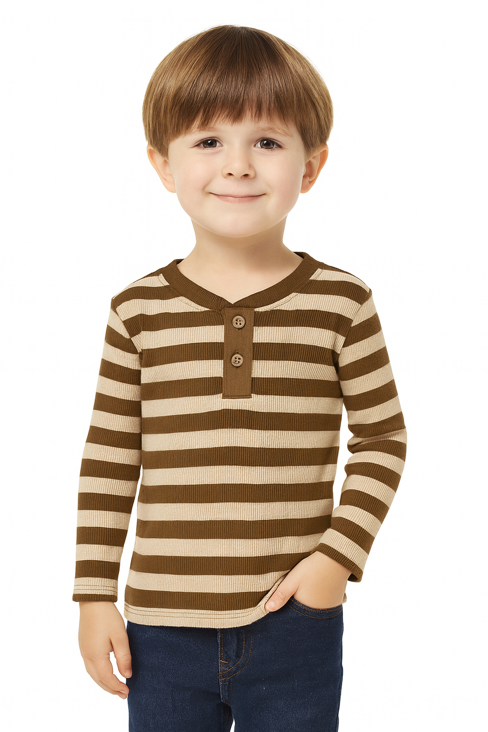POMPdeLUX Boy's Stripped Brown & Beige Henley Neck Blouse | POMPdeLUX In Lebanon