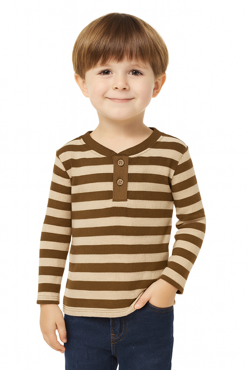 POMPdeLUX Boy's Stripped Brown & Beige Henley Neck Blouse | POMPdeLUX In Lebanon