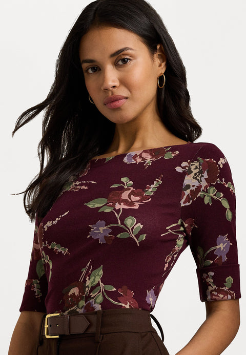 Lauren Ralph Lauren  Women's Burgundy Floral Stretch Cotton Boat Neck T-Shirt |Lauren Ralph Lauren  in Lebanon