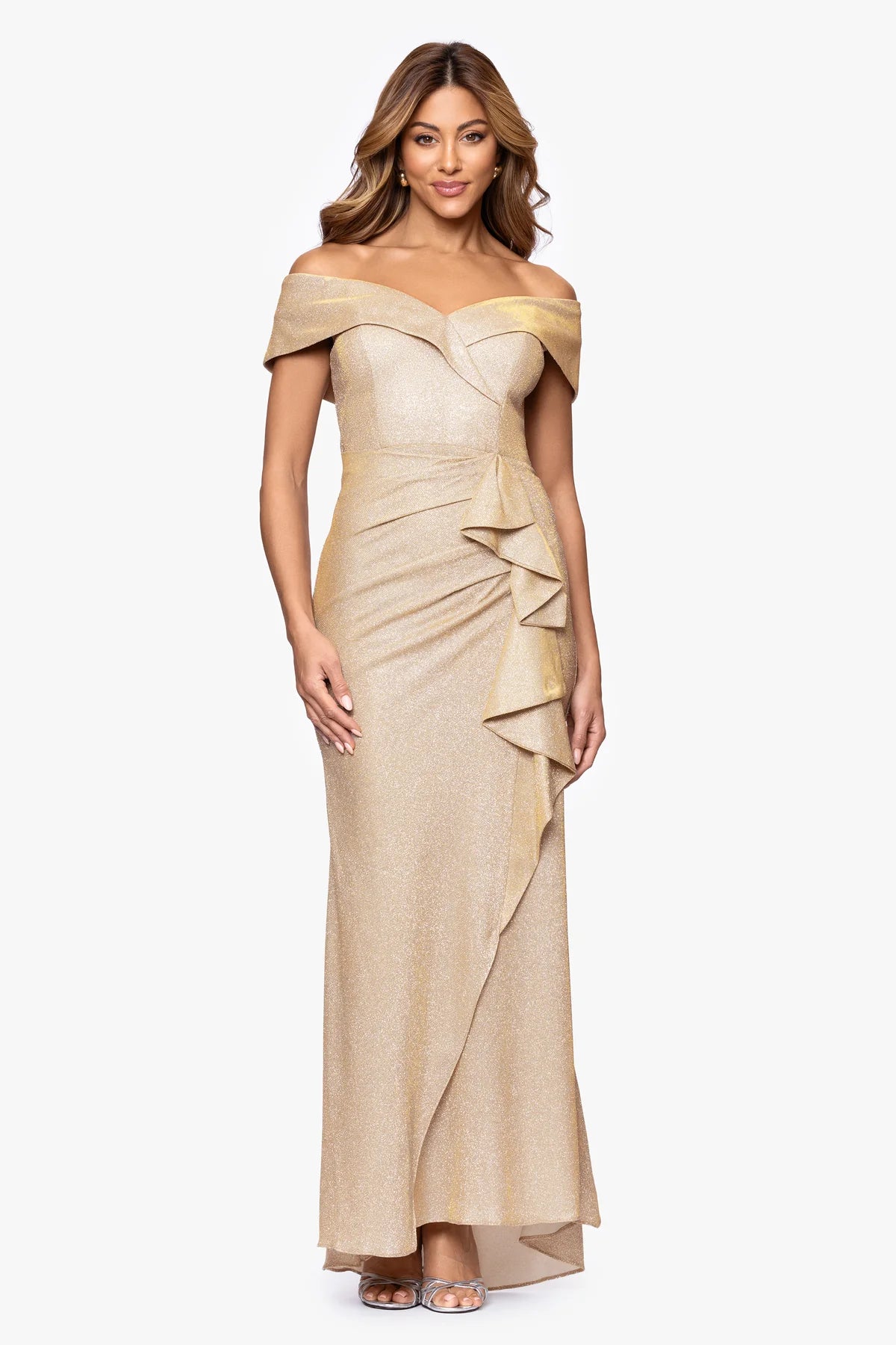 Xscape Women's Gold Long Foil Knit Off Shoulders Floor Length Ruffle Dress | Xscape In Lebanon