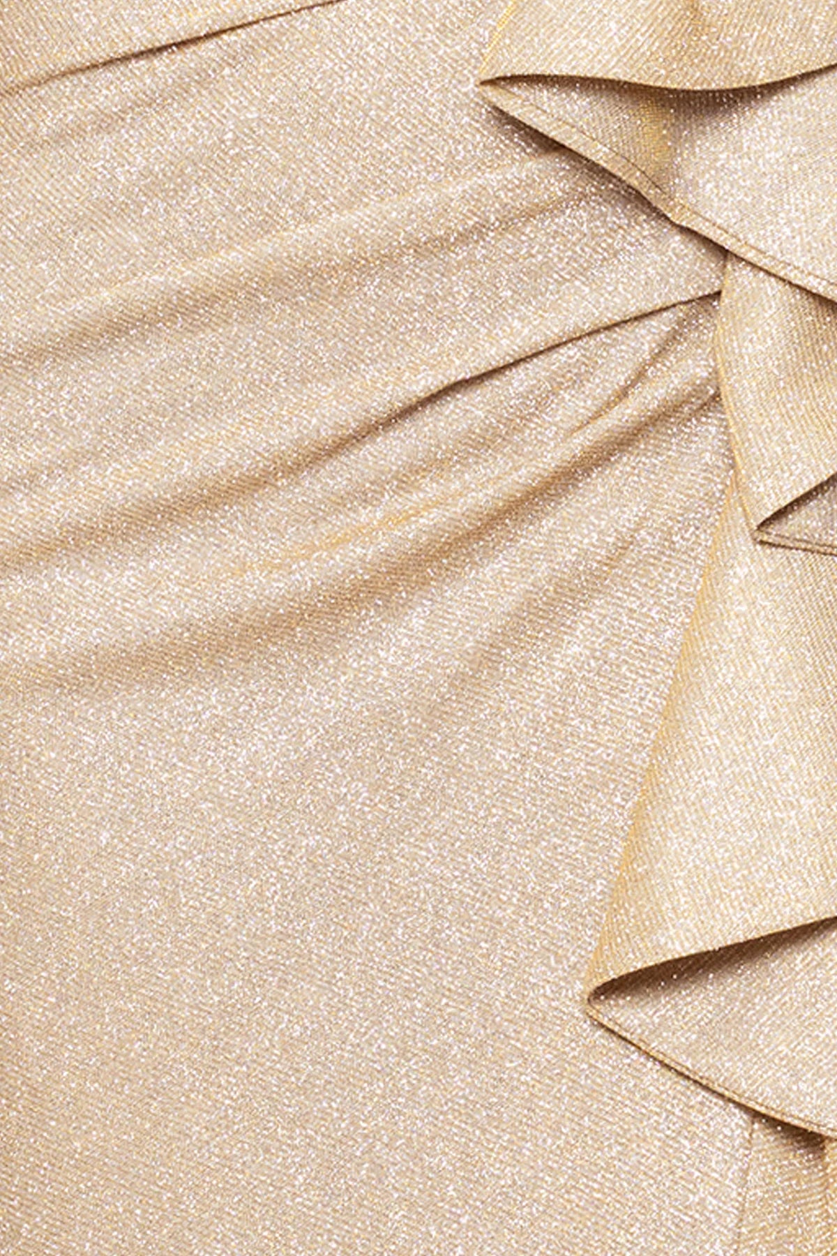 Xscape Women's Gold Long Foil Knit Off Shoulders Floor Length Ruffle Dress | Xscape In Lebanon