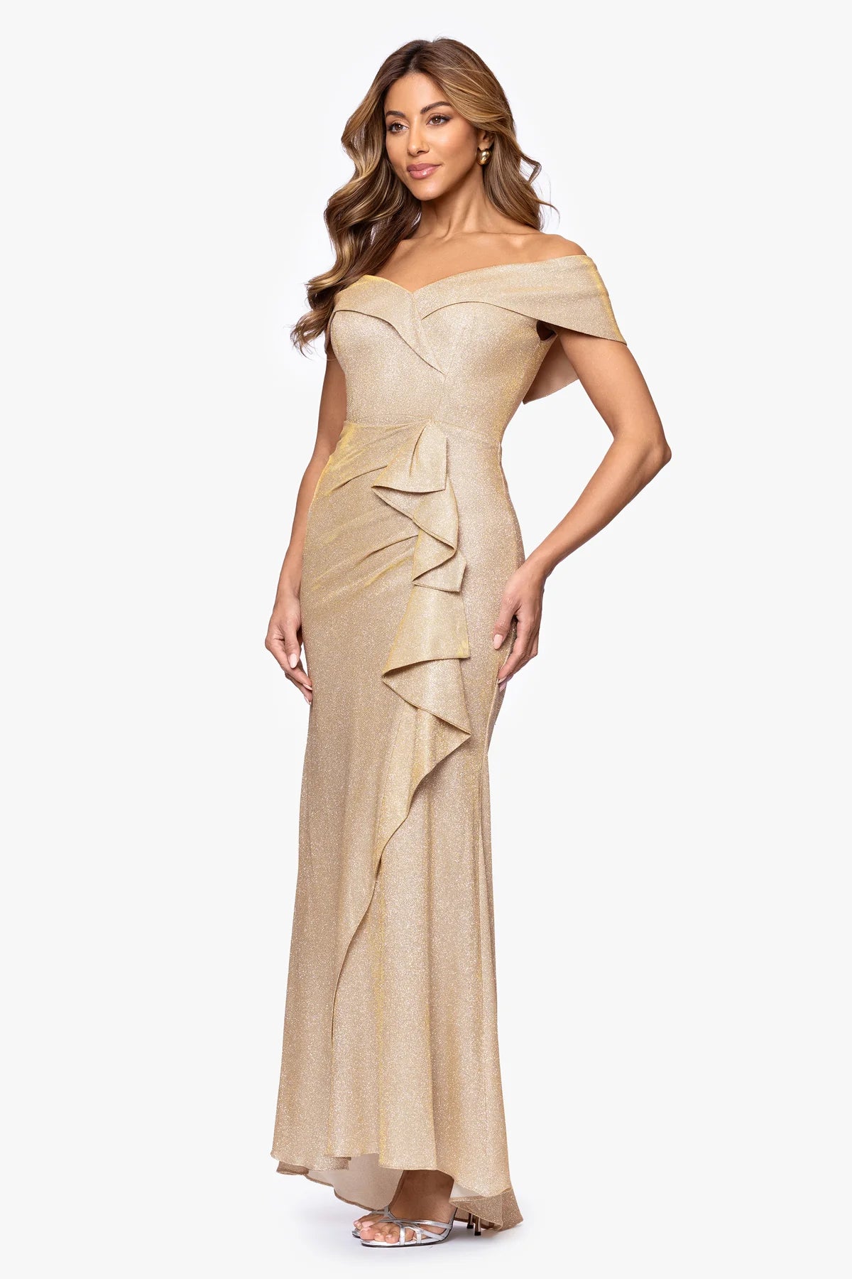 Xscape Women's Gold Long Foil Knit Off Shoulders Floor Length Ruffle Dress | Xscape In Lebanon