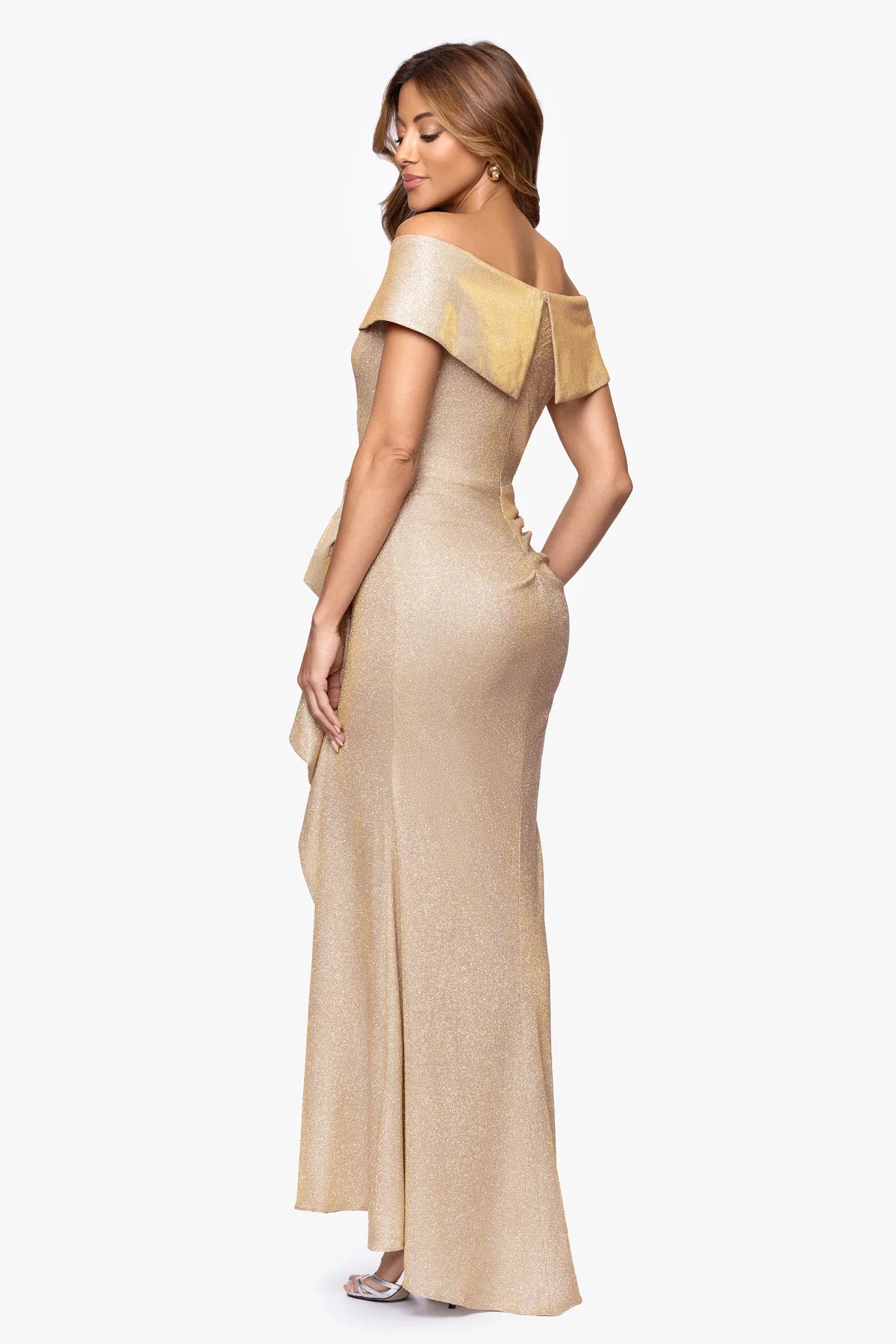 Xscape Women's Gold Long Foil Knit Off Shoulders Floor Length Ruffle Dress | Xscape In Lebanon