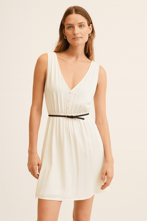 Mango Women's White Sleeveless Belted Dress| Mango in Lebanon