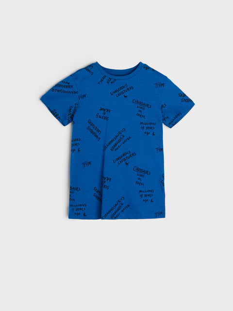 Blue t-shirt with text pattern on a white background