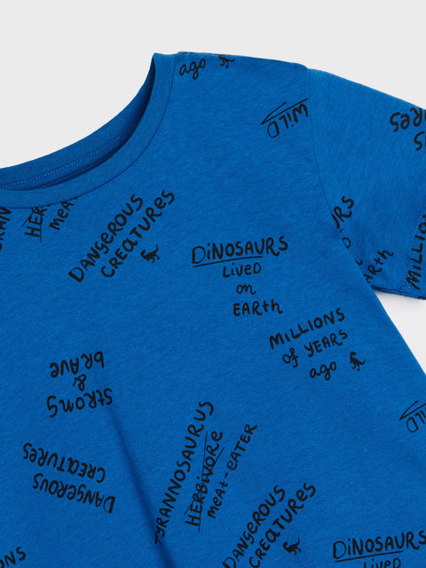 Blue shirt with black text on a white background