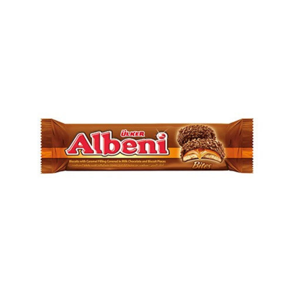 Packaging of Ulker Albeni Chocolate Covered Caramel Cookies showing the product name and an image of the chocolate bar with caramel and biscuit pieces.