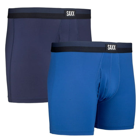 Two pairs of SAXX boxer briefs, one navy and one blue, on a white background.