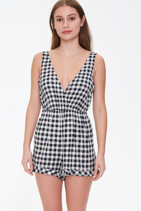 Forever 21 Women's Black & White V-Neck Sleeveless Checkered Sleep Romper | Forever 21 In Lebanon