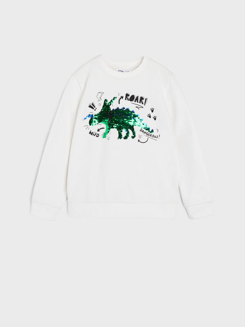 White sweatshirt with a dinosaur graphic and text on a white background