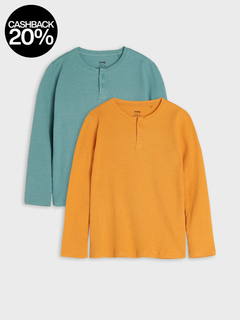 Two long-sleeve shirts, one teal and one orange, on a light gray background.