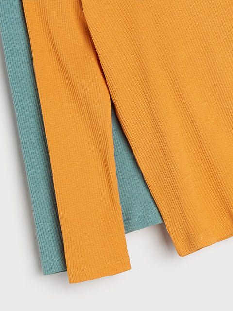 Two pieces of ribbed fabric, one orange and one teal, on a white background.