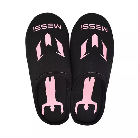 Black slippers with pink graphics and 'Messi' branding on a white background