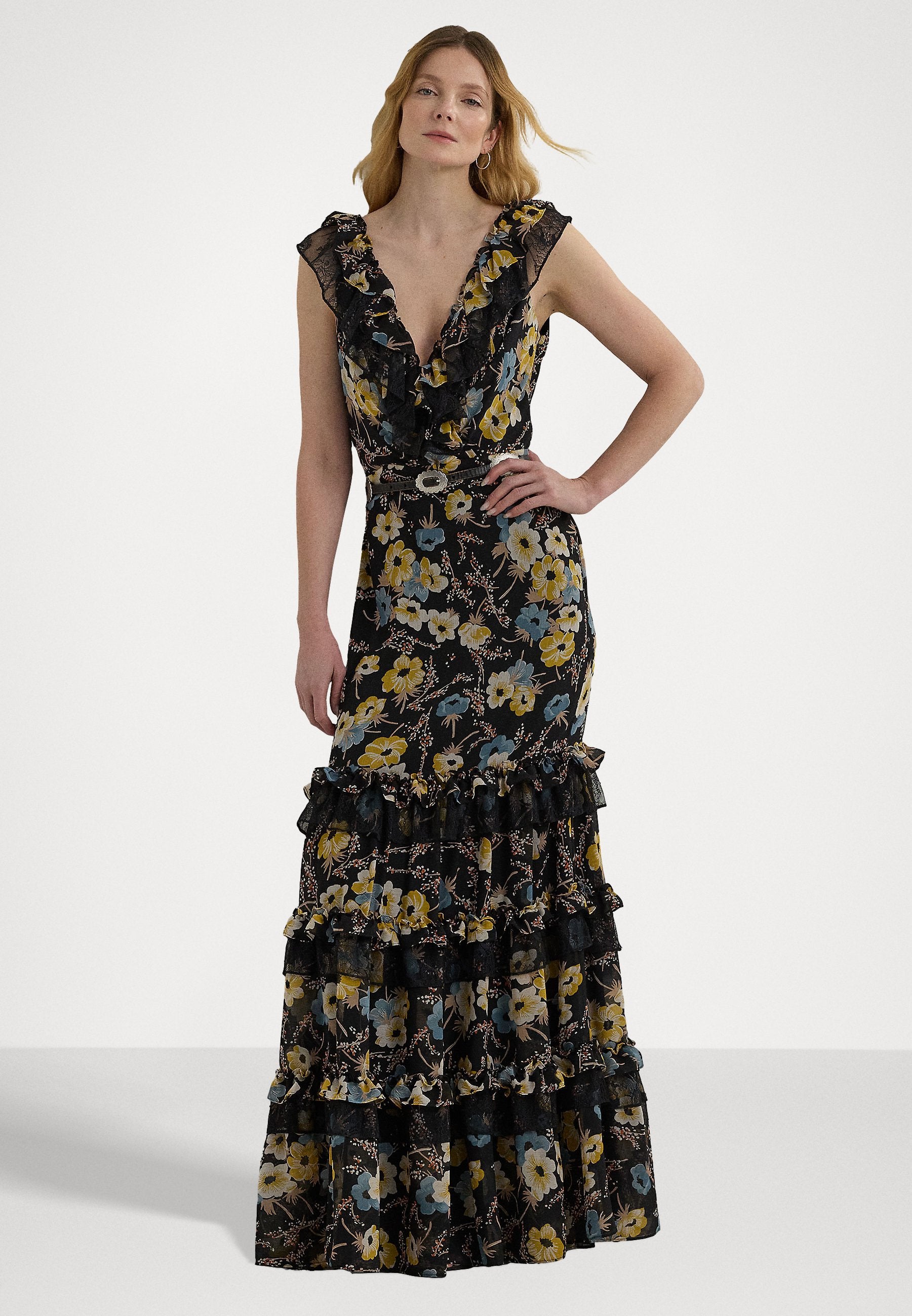 Lauren Ralph Lauren Women's Black Multi Floral Ruffle-Trim Georgette Gown Dress|Lauren Ralph Lauren In Lebanon