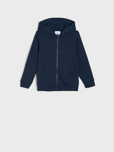 A navy blue unisex jacket for kids with a hood and zip fastening.