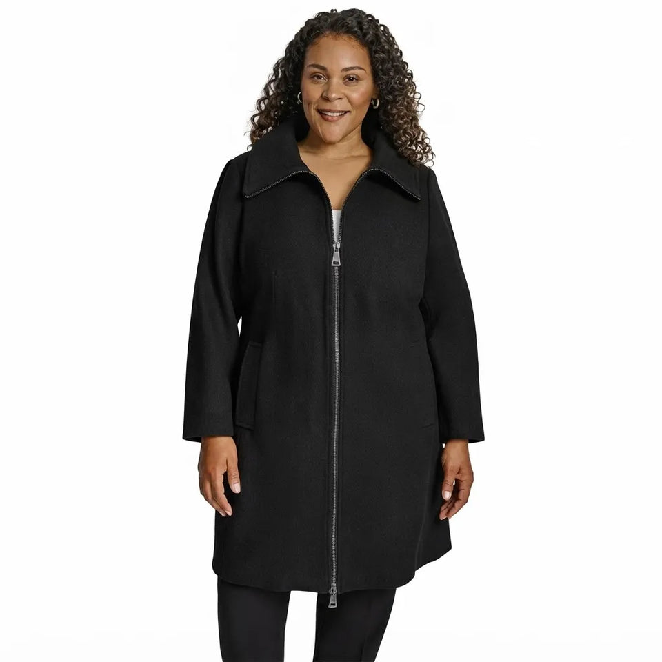 DKNY Women's Black Zip-Up Wool Coat