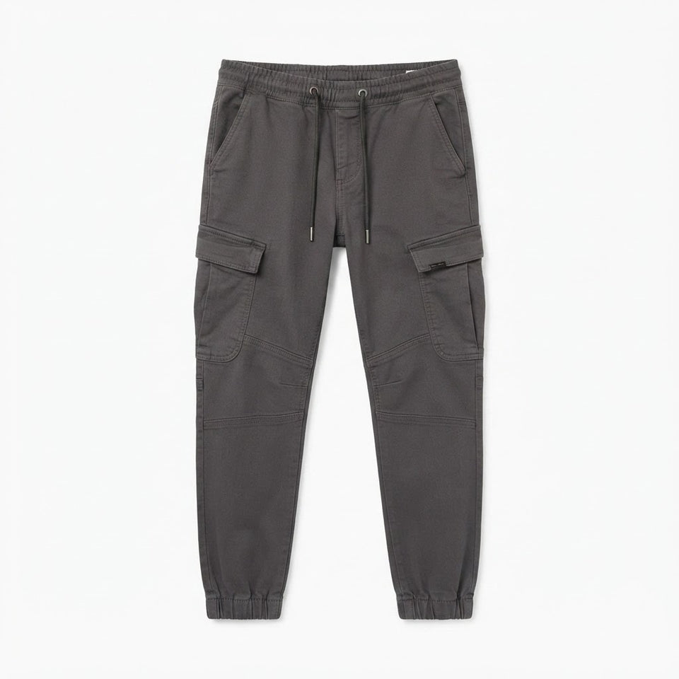 Dark gray cargo jogger pants with an elastic drawstring waist, side pockets, and elastic cuffs, shown flat on a white background.