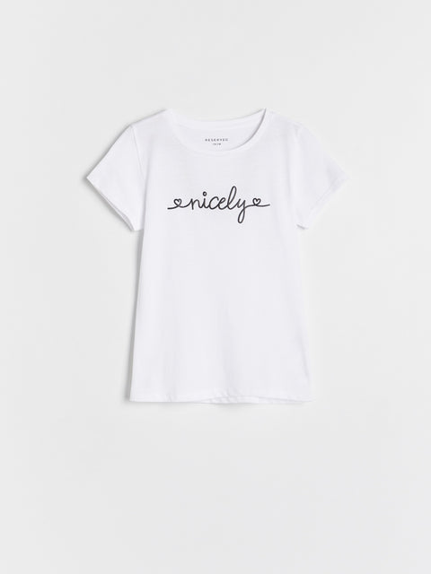 White t-shirt with 'nicely' text on a light gray background