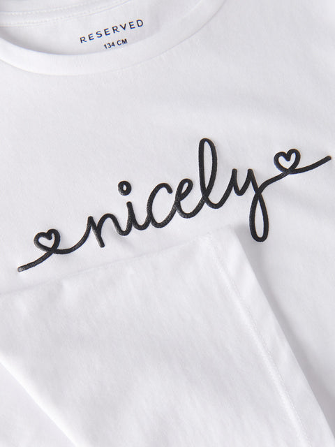 White shirt with 'nicely' text on a white background