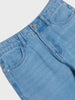 Close-up of blue denim jeans on a white background